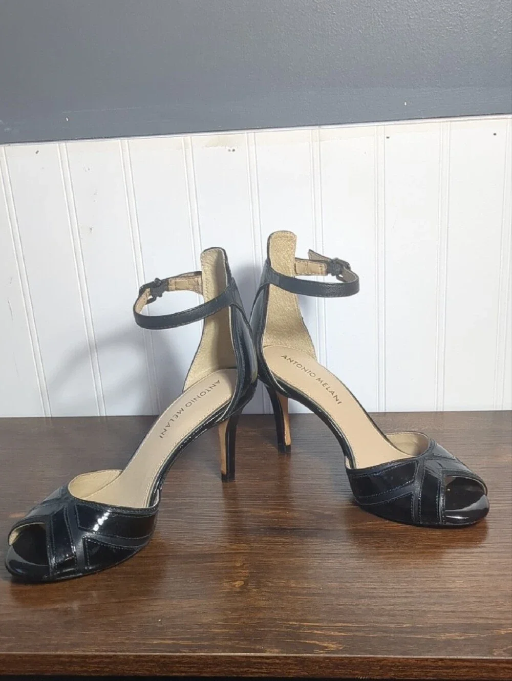 Antonio Melani Black Patent Leather Art Deco Peep Toe Ankle Strap Heels, SZ 6
